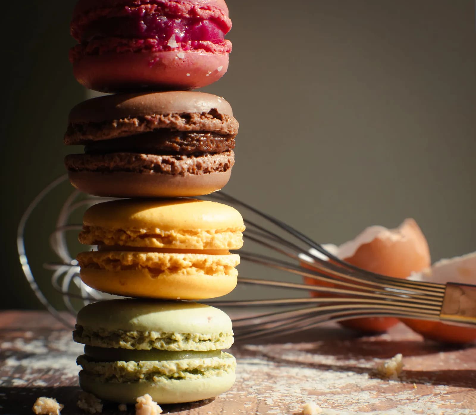 Macarons photographed with natural textures and surrounding ingredients to create a sense of story and atmosphere.